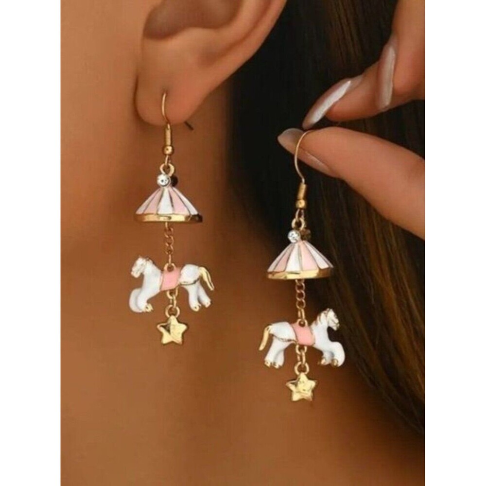 Pastel Colored Charming Pink and Gold Carousel Horse Earrings